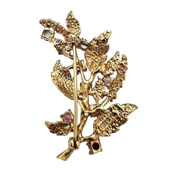 Vermeil Sterling Leaf Branch Brooch Multi Color Gem Lab Stone Pin C668 - Picture 6 of 9